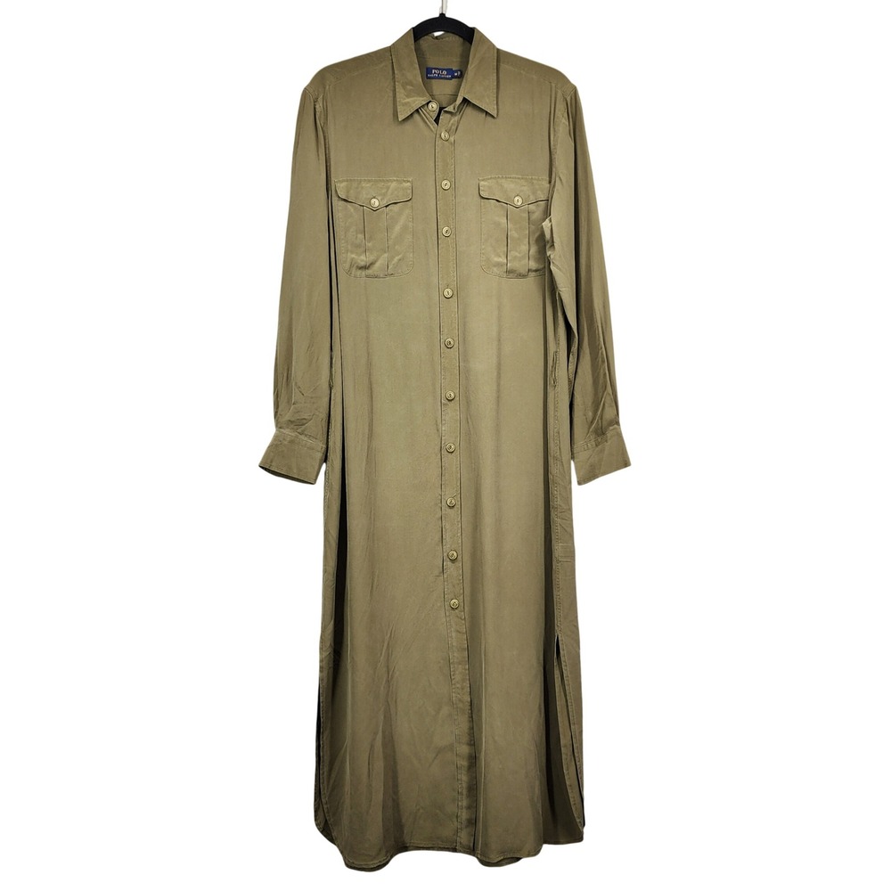 Polo Ralph Lauren Silk Maxi Shirt Dress Olive Green Button Front Size 14